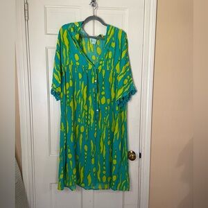 True Destinations Cotton Cover Up XL Tropical Print Boho Fringe Resort Colorful